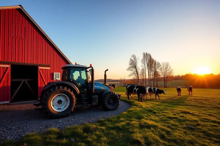 Traktor vid röd ladugård med mjölkkor på bete på en svensk gård